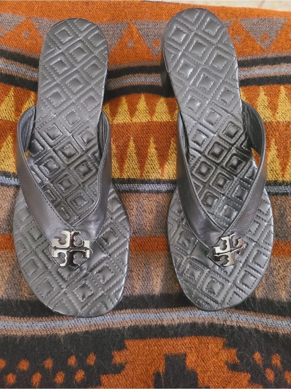 Tory Burch Maybell Black Leather Block-Heel Thong Sandals Sz 7.5